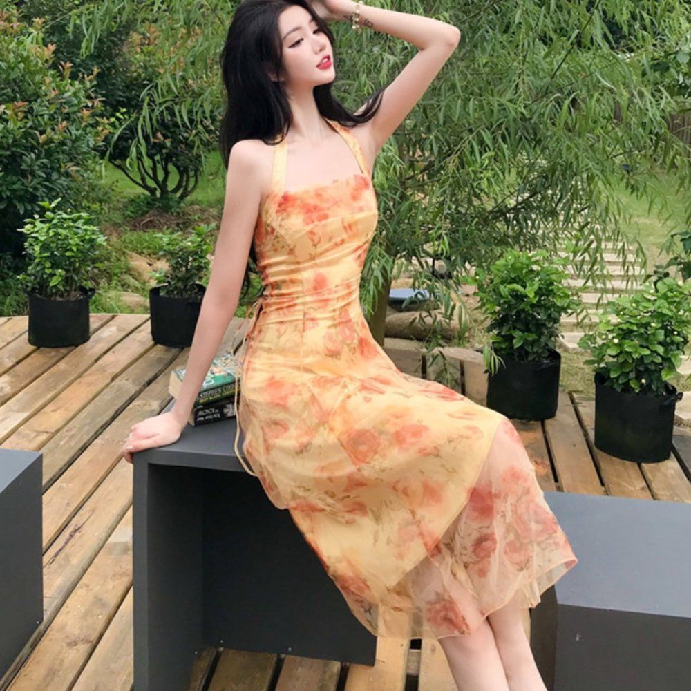 Medieval
Print Midi Sundress | Women Halter Summer Dress Party Office Dress